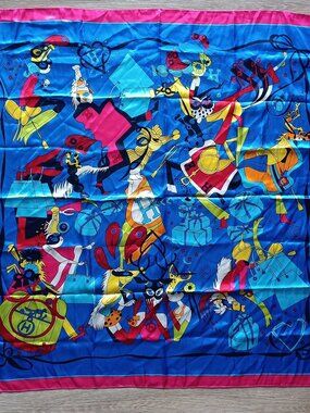 Womens Silk Satin Scarf "Circus", Blue, 36" x 36"
